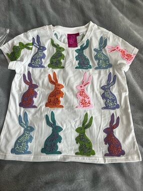 QUEEN OF SPARKLES White Short Sleeve Tee with Multi-Color Bunny Appliqués